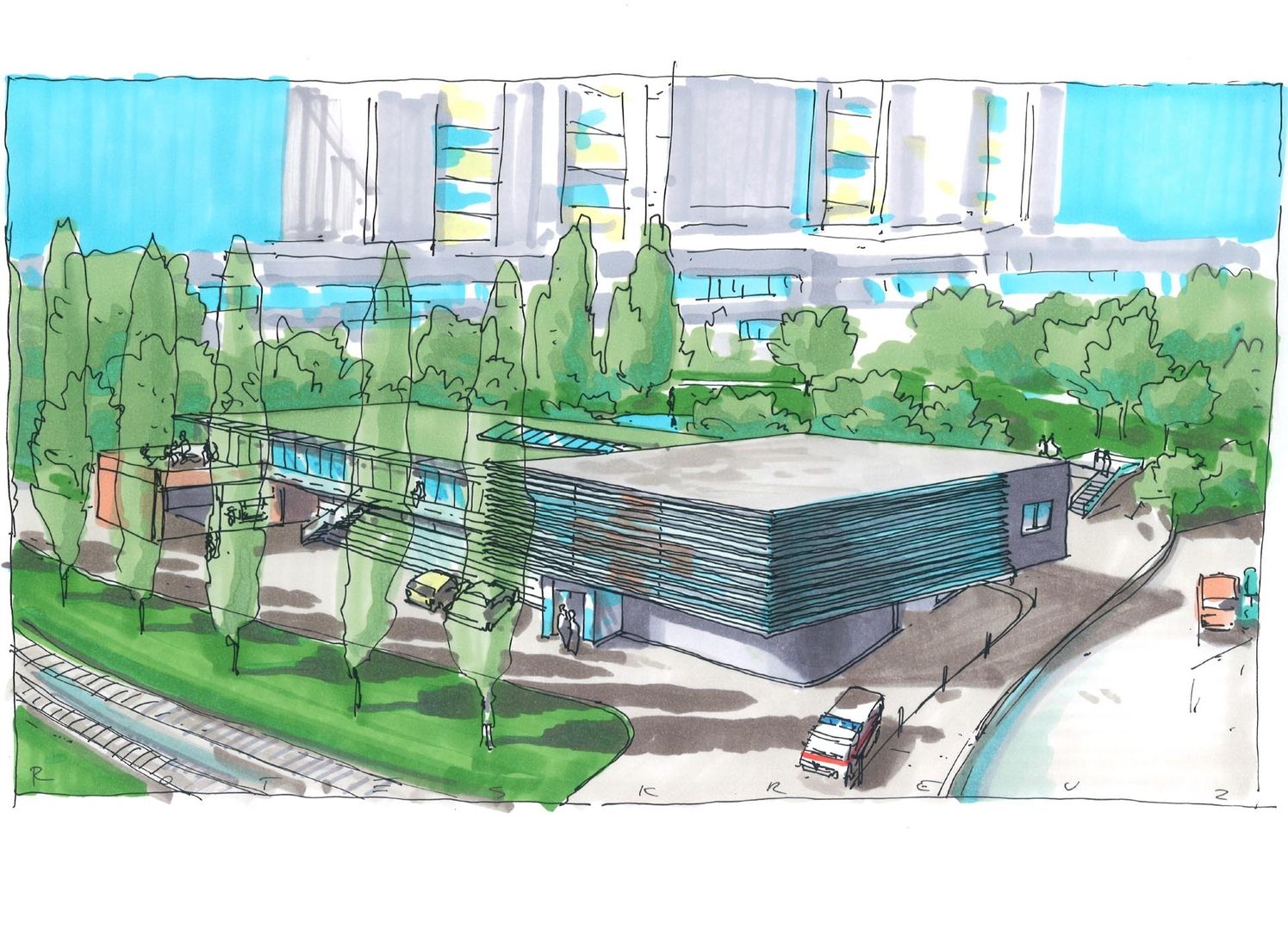 Architektur-Skizze eines modernen, flachen Gebäudes mit Lamellenfassade, umgeben von Bäumen und angrenzenden Gleisen.