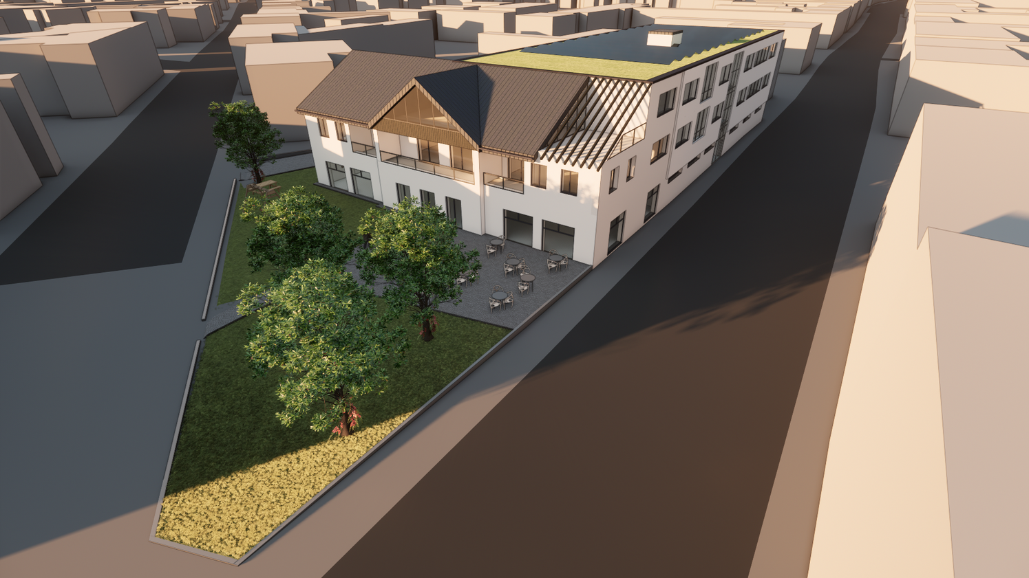 Architektur-Skizze eines modernen, flachen Gebäudes mit Lamellenfassade, umgeben von Bäumen und angrenzenden Gleisen.