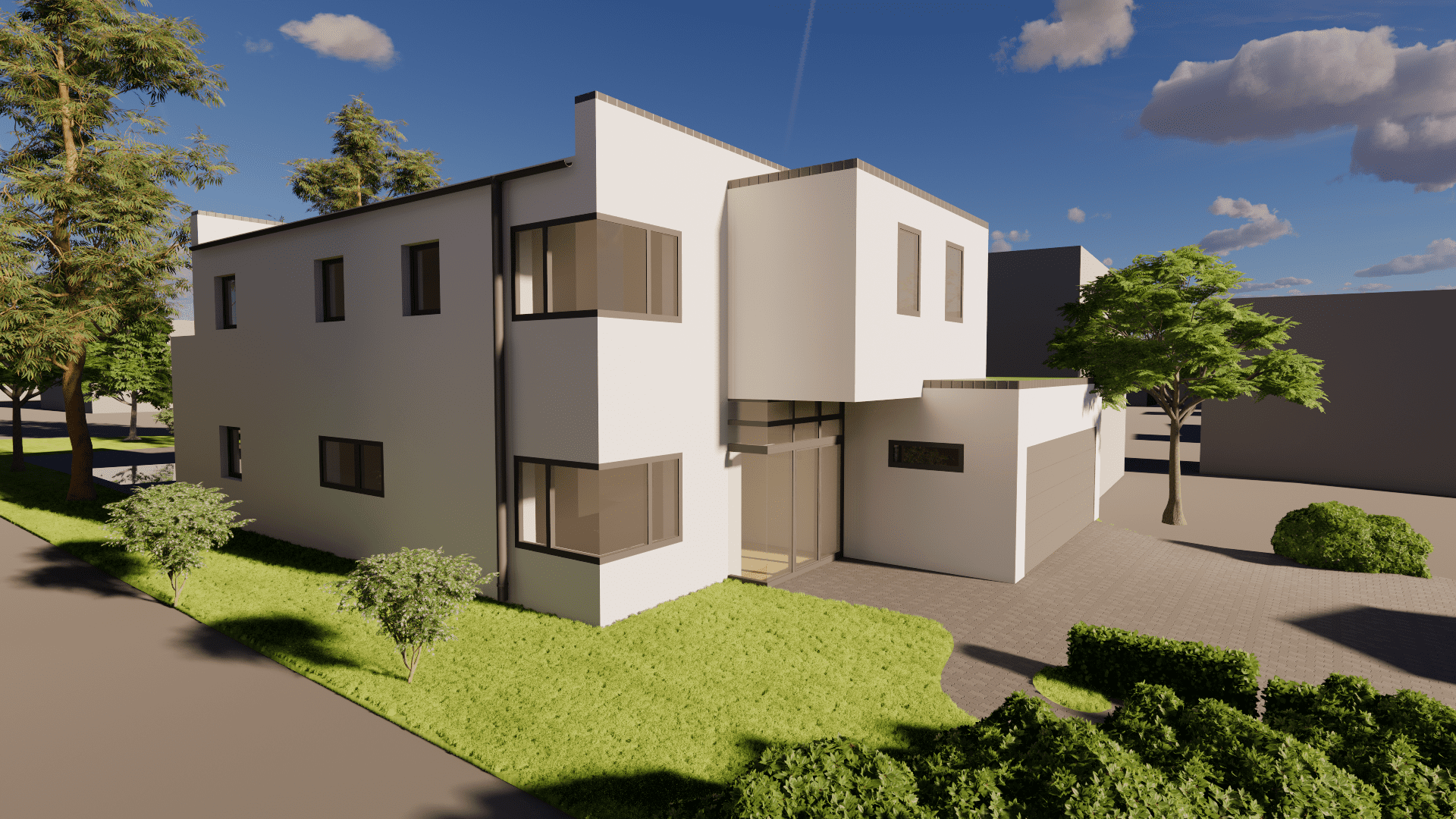 3D-Visualisierung eines modernen, kubischen Neubaus mit weißer Fassade, Flachdach und Eckverglasungen in Wien.