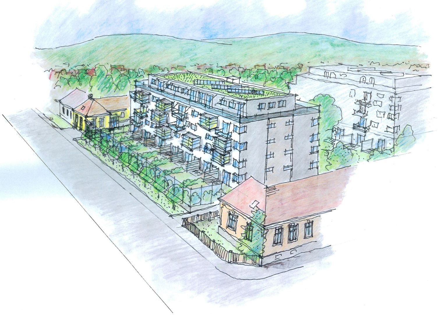 Architektur-Skizze eines modernen Mehrfamilienhauses mit Balkonen und Gründach in einer hügeligen Umgebung.